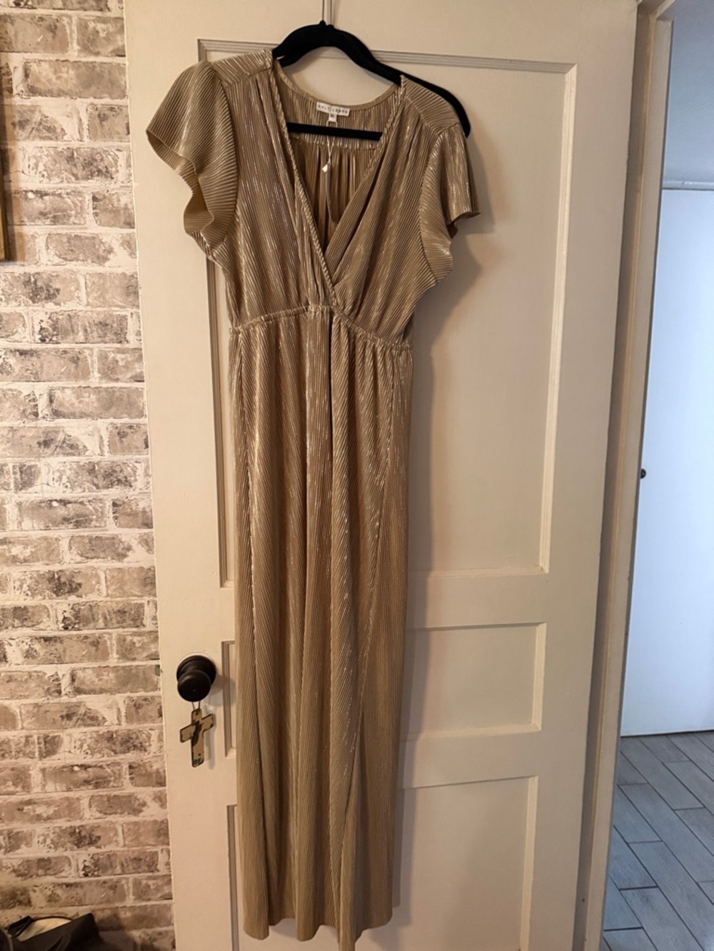 Baltic Born Gold Metallic V-Neck Maxi with Flutter Sleeves